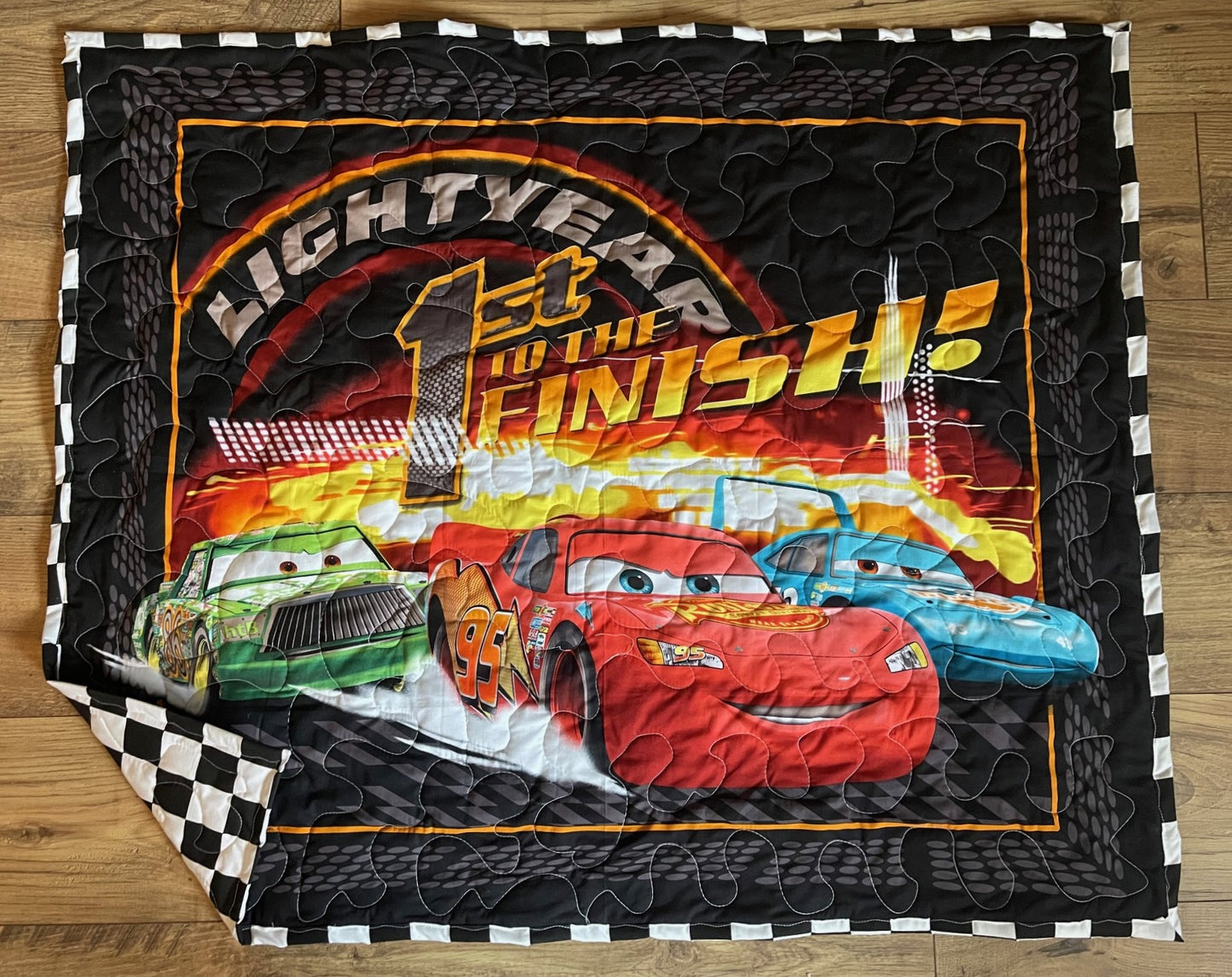 DISNEY CARS LGHTNING MC QUEEN 95 INSPIRED *1st TO THE FINISH* 36"X44" QUILTED BLANKET