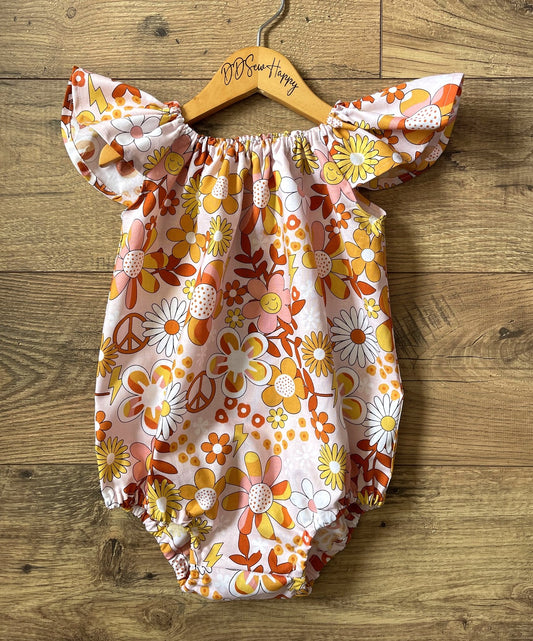 Infant & Toddler Girl's GROOVY FLOWER POWER PEACE SIGNS Inspired Boho Style One Piece Romper