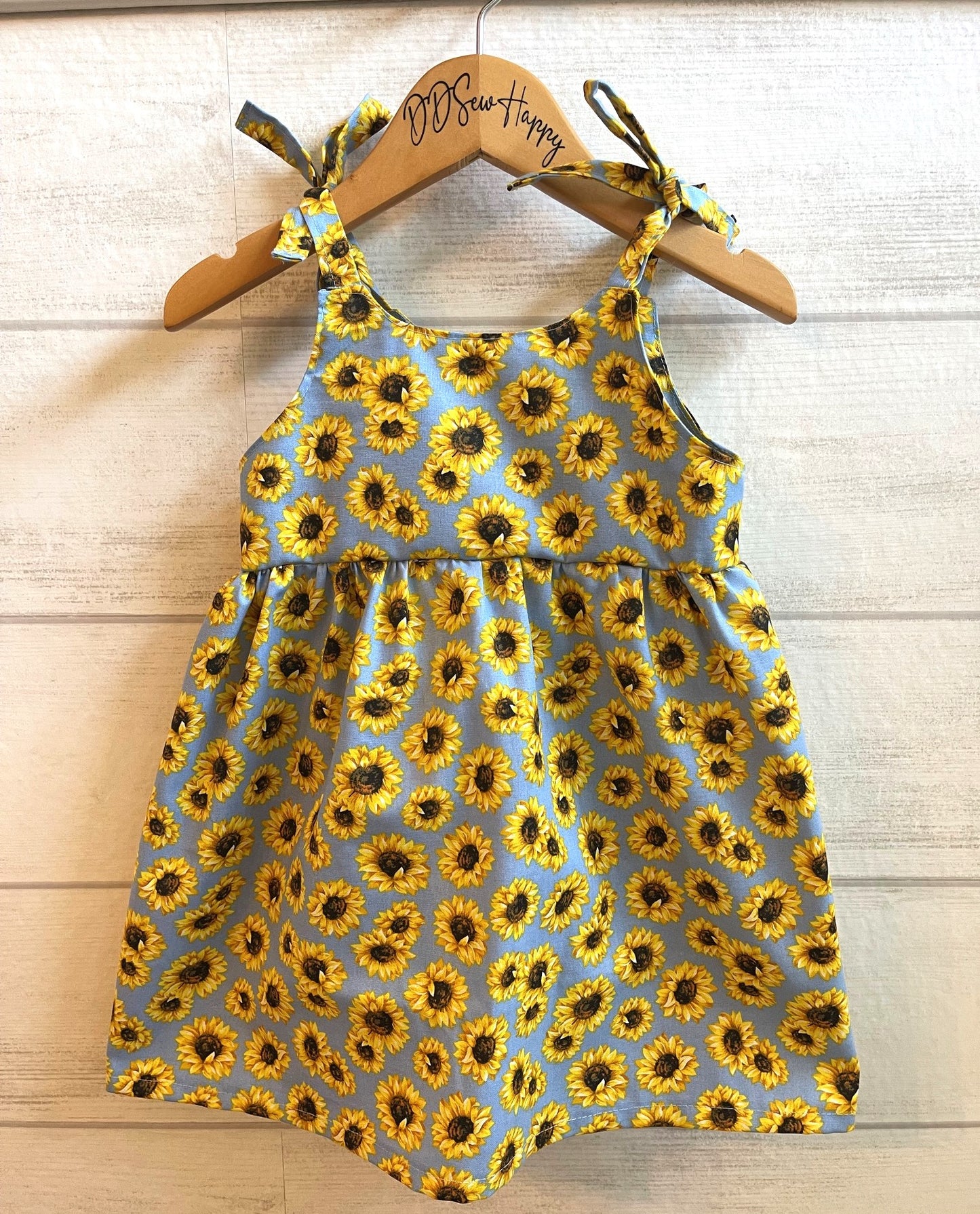 Girls and Toddlers SUNFLOWERS LIGHT BLUE Boho Style Sundress with Shoulder Ties