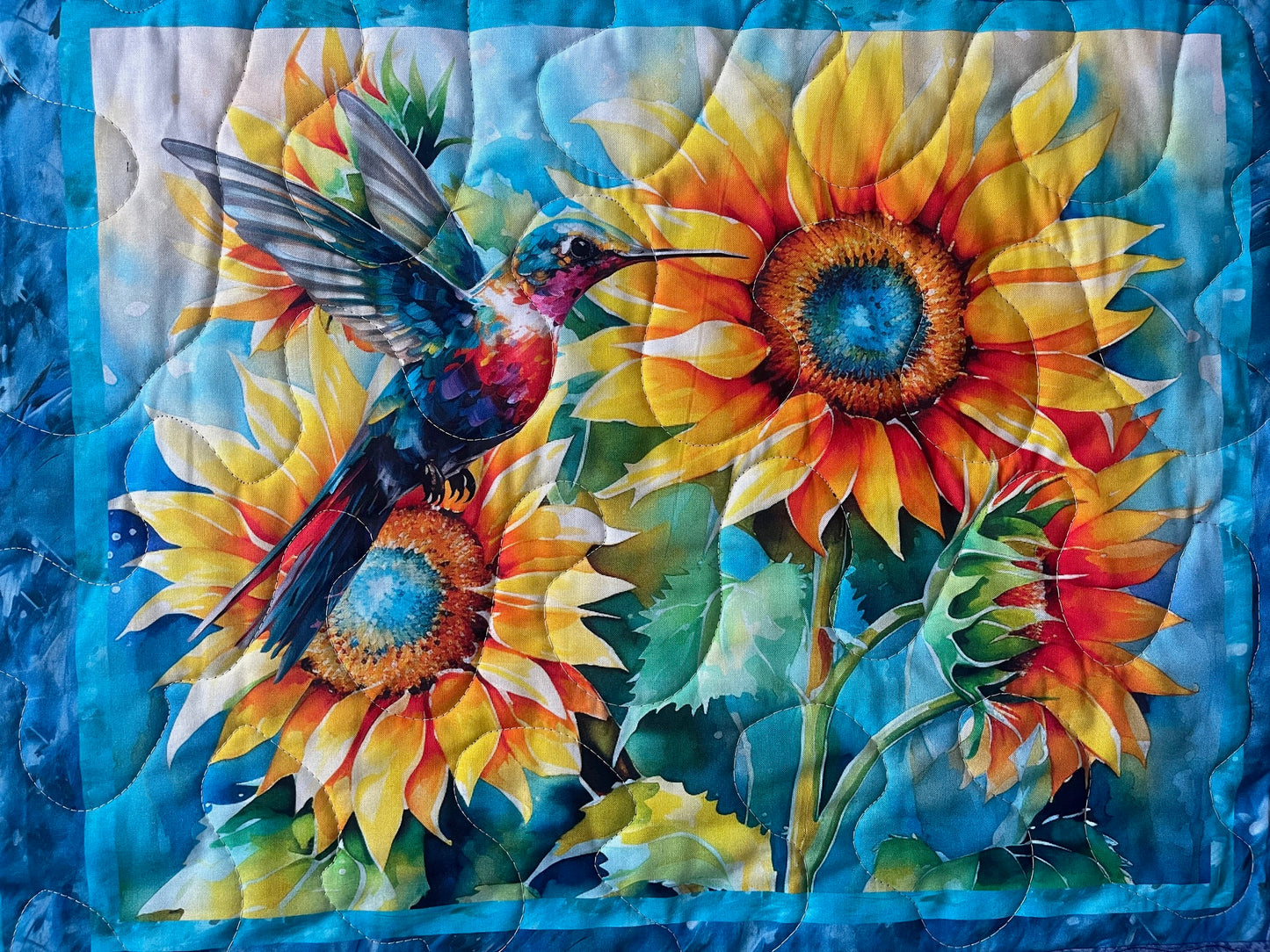 BEAUTIFUL FLORAL HUMMINGBIRDS DIGITAL WATERCOLOR QUILTED BLANKET WALL HANGING