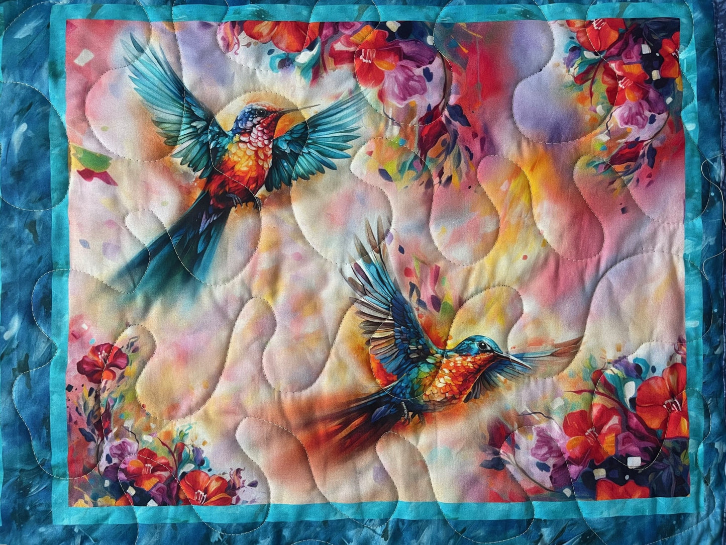 BEAUTIFUL FLORAL HUMMINGBIRDS DIGITAL WATERCOLOR QUILTED BLANKET WALL HANGING