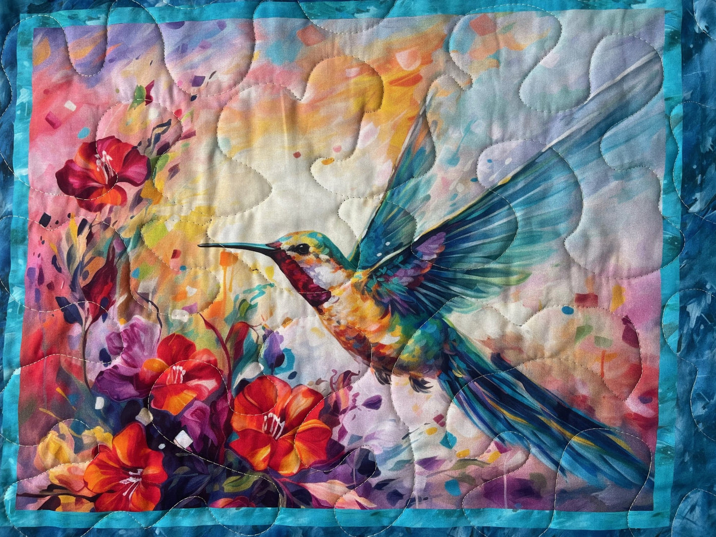 BEAUTIFUL FLORAL HUMMINGBIRDS DIGITAL WATERCOLOR QUILTED BLANKET WALL HANGING
