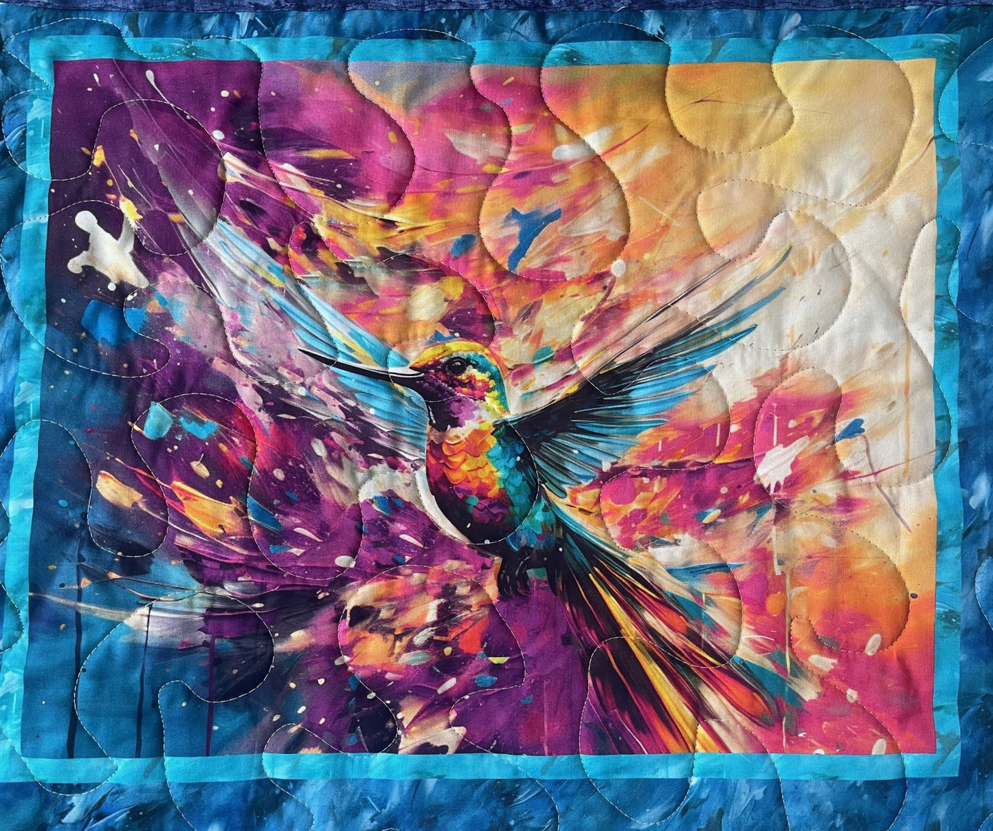 BEAUTIFUL FLORAL HUMMINGBIRDS DIGITAL WATERCOLOR QUILTED BLANKET WALL HANGING