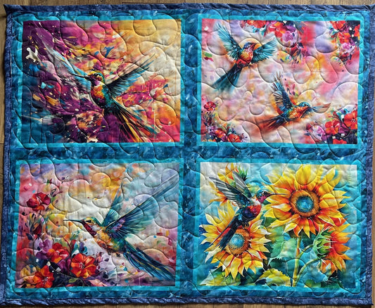BEAUTIFUL FLORAL HUMMINGBIRDS DIGITAL WATERCOLOR QUILTED BLANKET WALL HANGING 