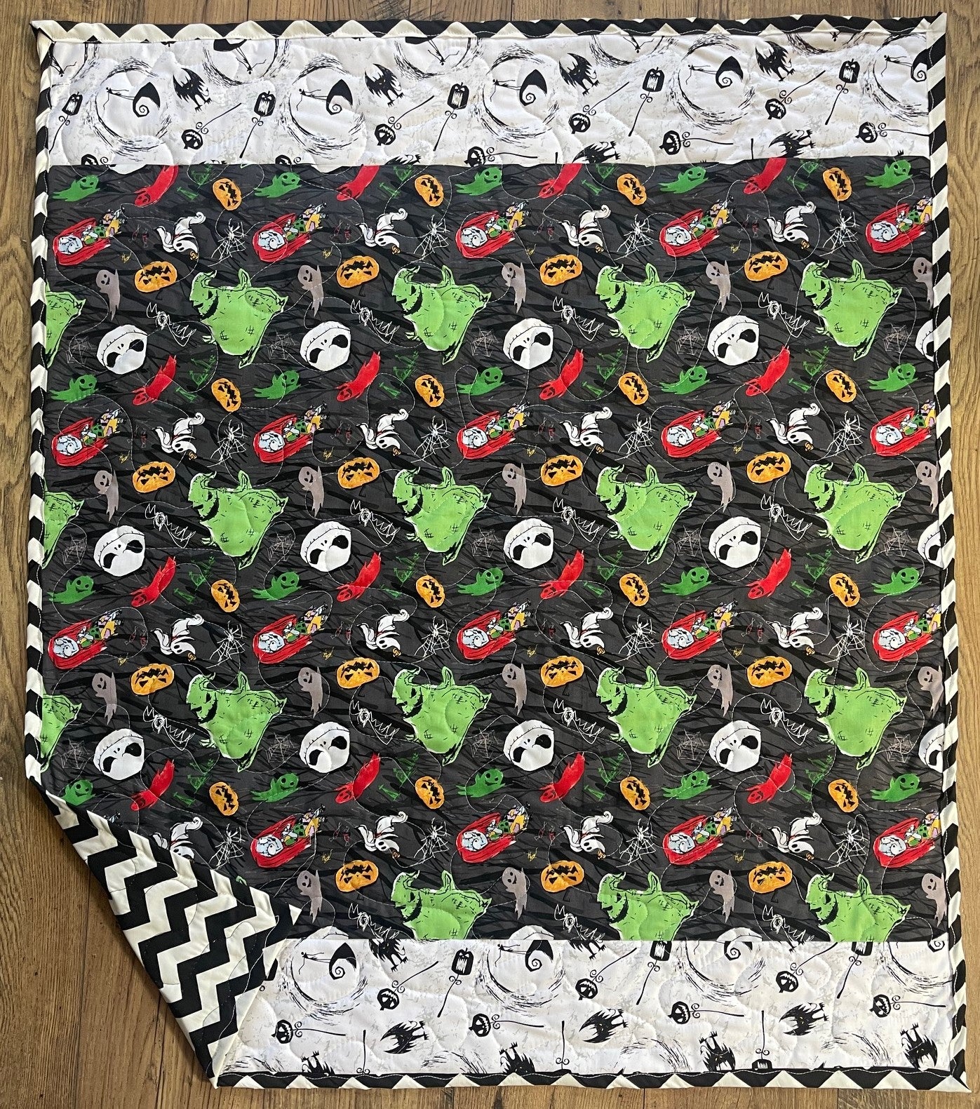 NIGHTMARE BEFORE CHRISTMAS CHARACTERS, OOGIE BOOGIE, ZERO, JACK & SALLY QUILTED BLANKET