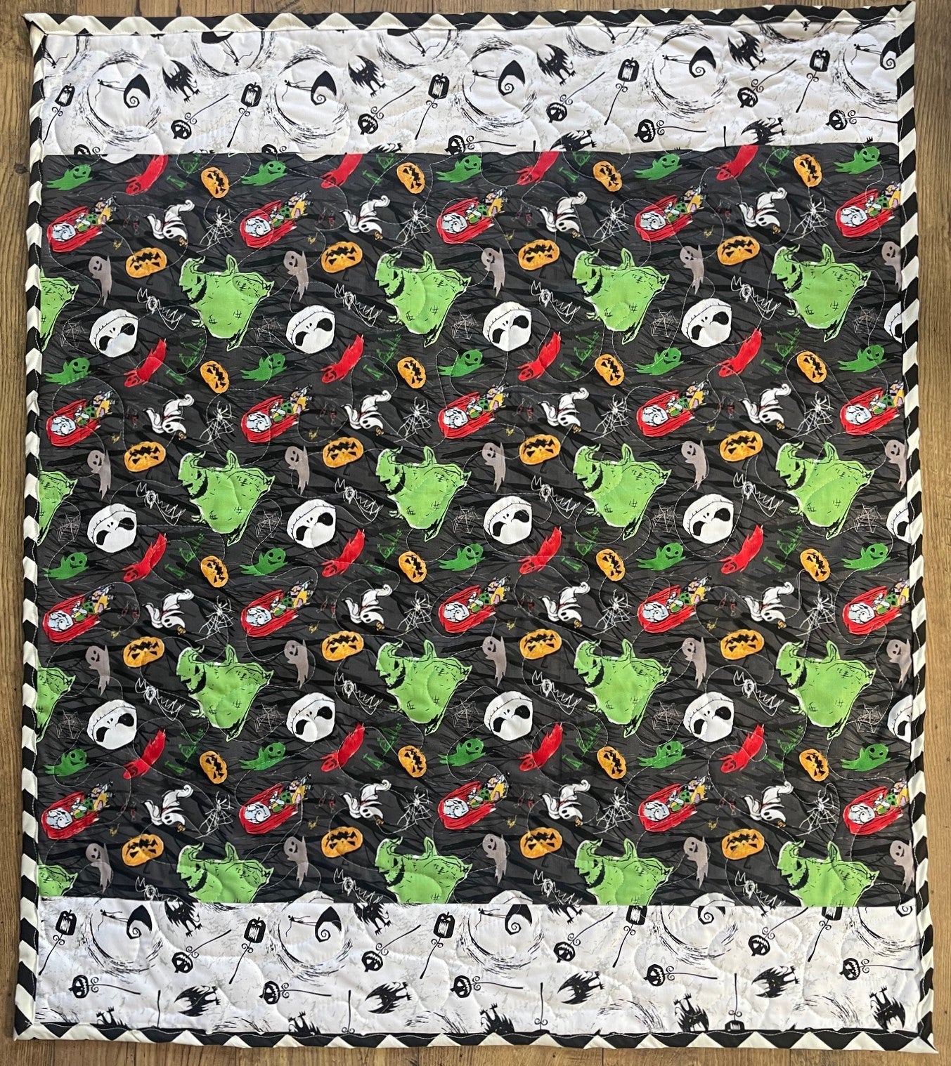 NIGHTMARE BEFORE CHRISTMAS CHARACTERS, OOGIE BOOGIE, ZERO, JACK & SALLY QUILTED BLANKET
