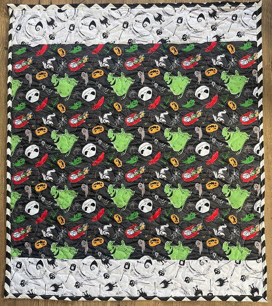 NIGHTMARE BEFORE CHRISTMAS CHARACTERS, OOGIE BOOGIE, ZERO, JACK & SALLY QUILTED BLANKET