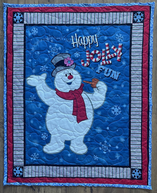 CHRISTMAS CLASSIC FROSTY THE SNOWMAN *HAPPY JOLLY FUN* QUILTED BLANKET with a Shimmer Glitter backing snowflakes