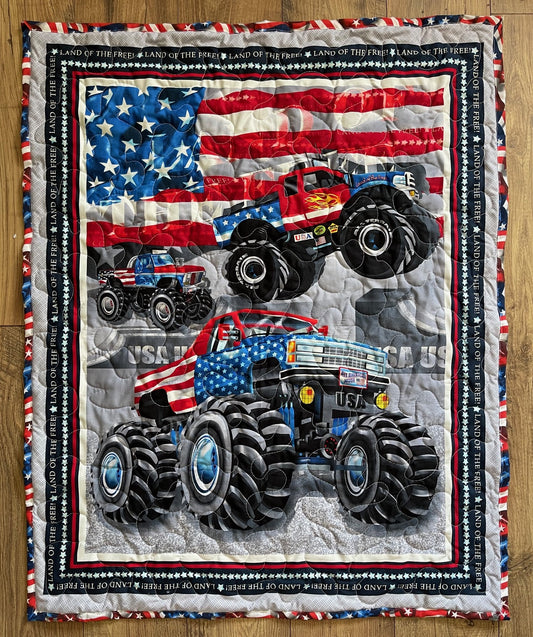 USA MONSTER TRUCK LAND OF THE FREE ALL AMERICAN MADE QUILTED BLANKET