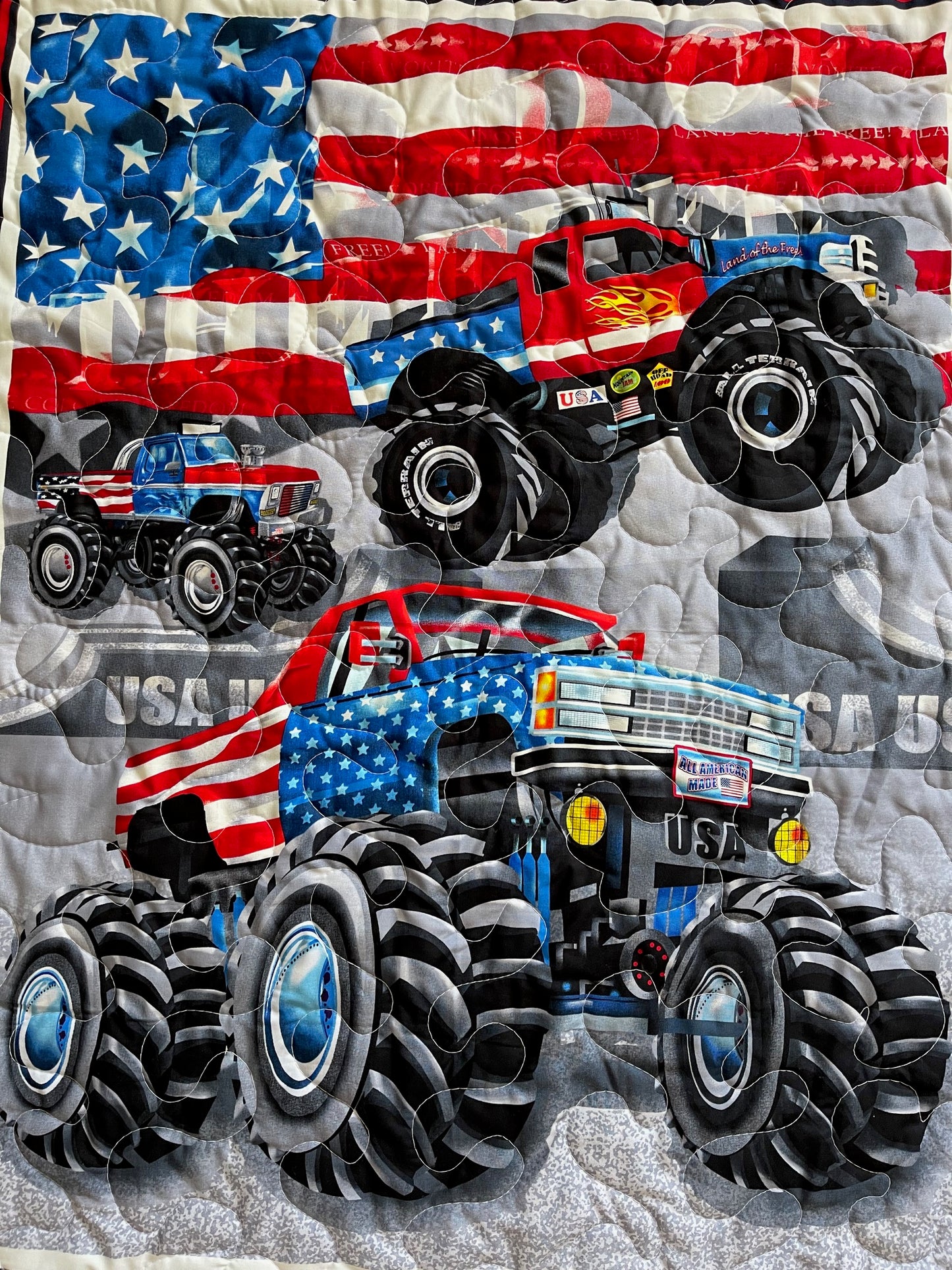 USA MONSTER TRUCK LAND OF THE FREE ALL AMERICAN MADE QUILTED BLANKET