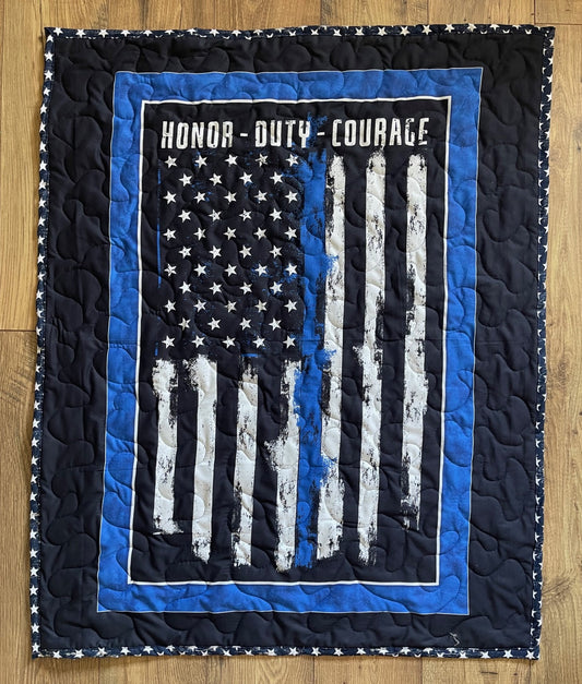 POLICE THIN BLUE LINE FLAG *HONOR DUTY COURAGE* 36"X44" QUILTED BLANKET