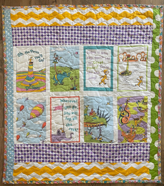 Dr. Seuss OH THE PLACES YOU WILL GO Pastel Inspired Quilted Blanket 39"x42"