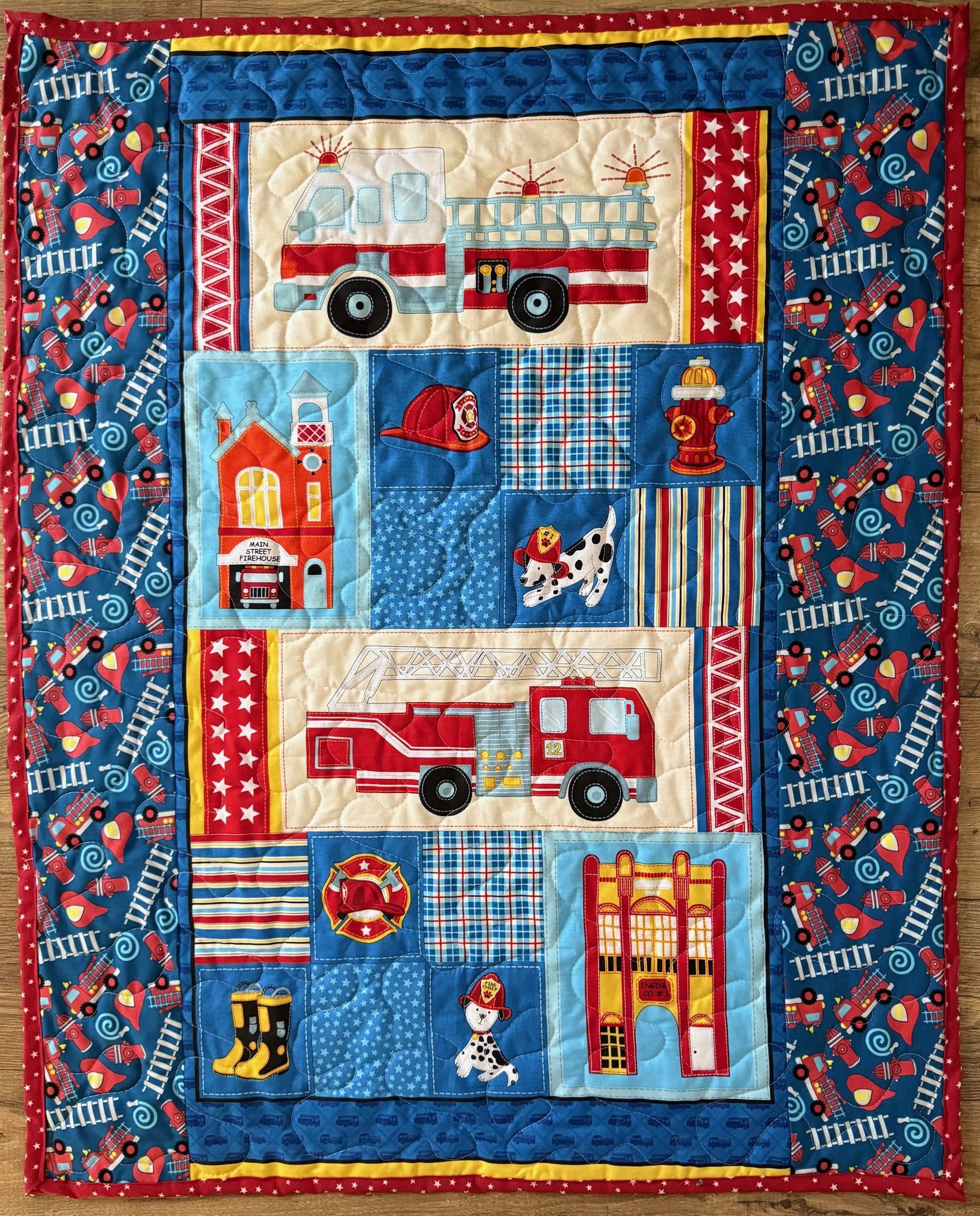 FIREMAN FIRE TRUCK FIREHOUSE ON MAIN STREET SEARCH & RESCUE Quilted Blanket