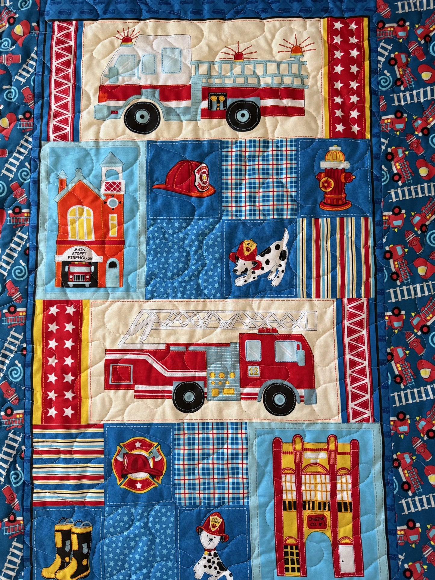 FIREMAN FIRE TRUCK FIREHOUSE ON MAIN STREET SEARCH & RESCUE Quilted Blanket