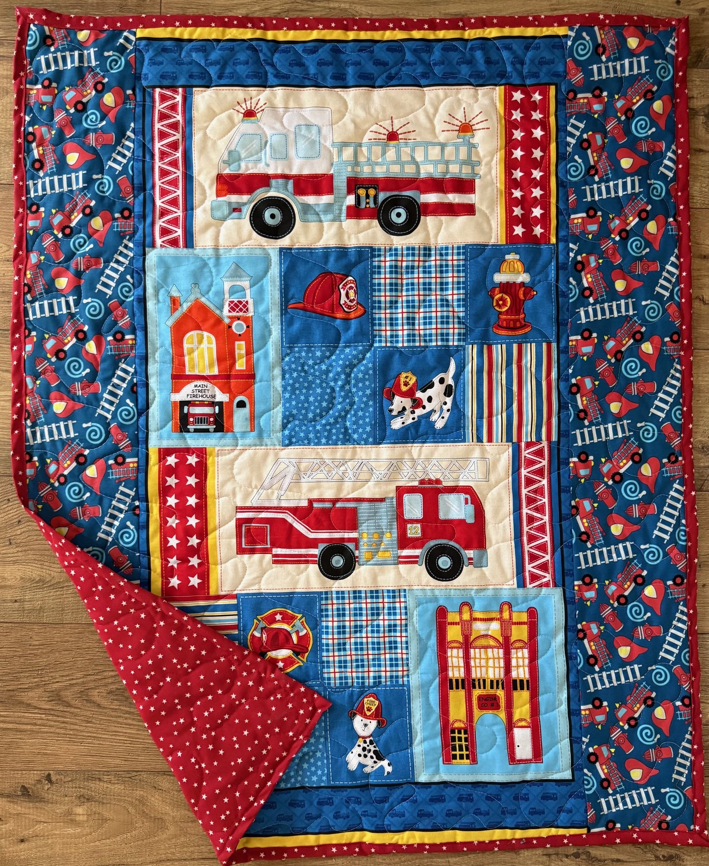 FIREMAN FIRE TRUCK FIREHOUSE ON MAIN STREET SEARCH & RESCUE Quilted Blanket