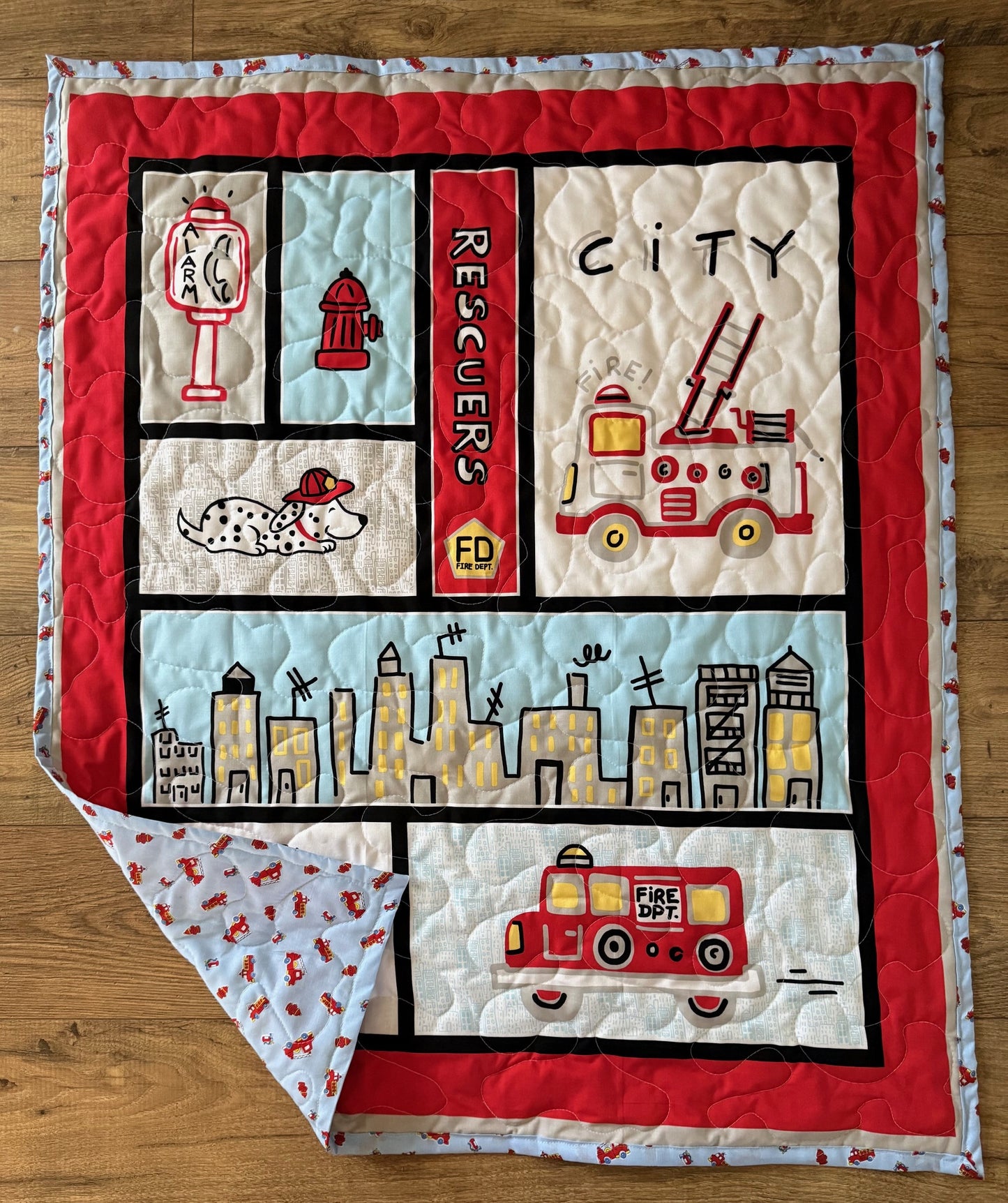 FIRST RESPONDER FIREMAN HURRY FIRE DEPT FIRE TRUCK RESCUE Quilted Blanket