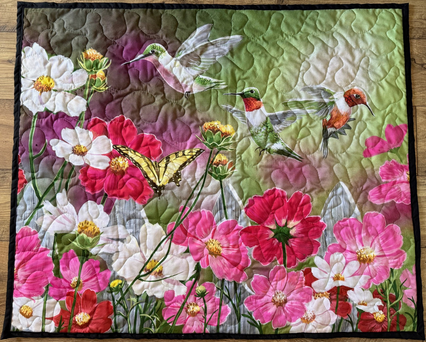BEAUTIFUL FLORAL, HUMMINGBIRDS & BUTTERFLY COSMO GARDEN QUILTED BLANKET WALLHANGING