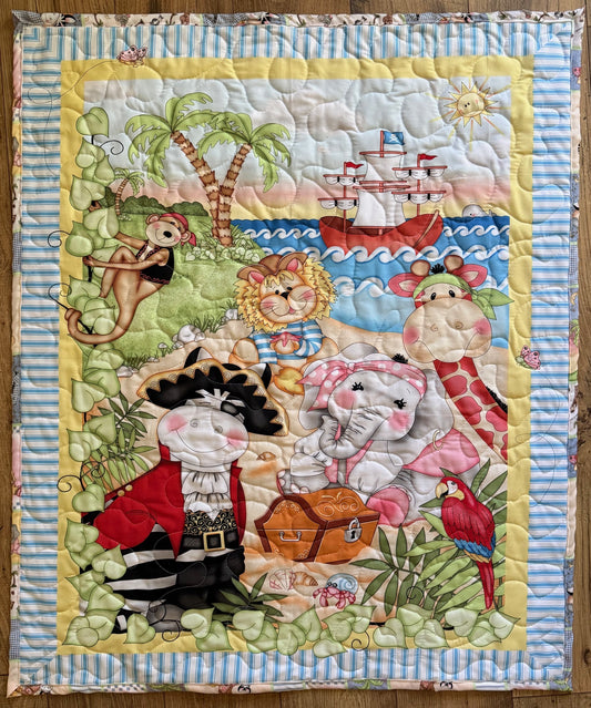 BAZOOPLE MONKEY, ELEPHANT, GIRAFFE, LION, ZEBRA PIRATES INSPIRED QUILTED REVERSIBLE BLANKET,