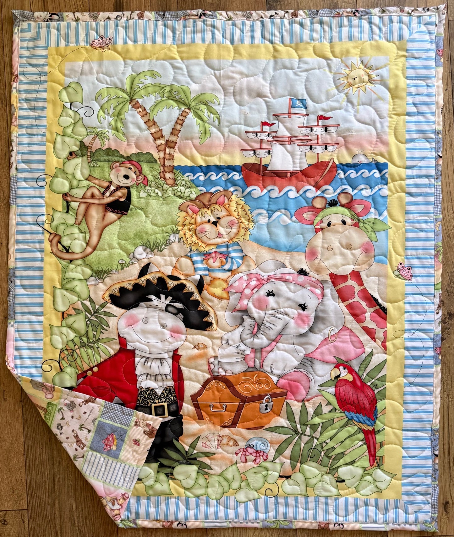 BAZOOPLE MONKEY, ELEPHANT, GIRAFFE, LION, ZEBRA PIRATES INSPIRED QUILTED REVERSIBLE BLANKET,