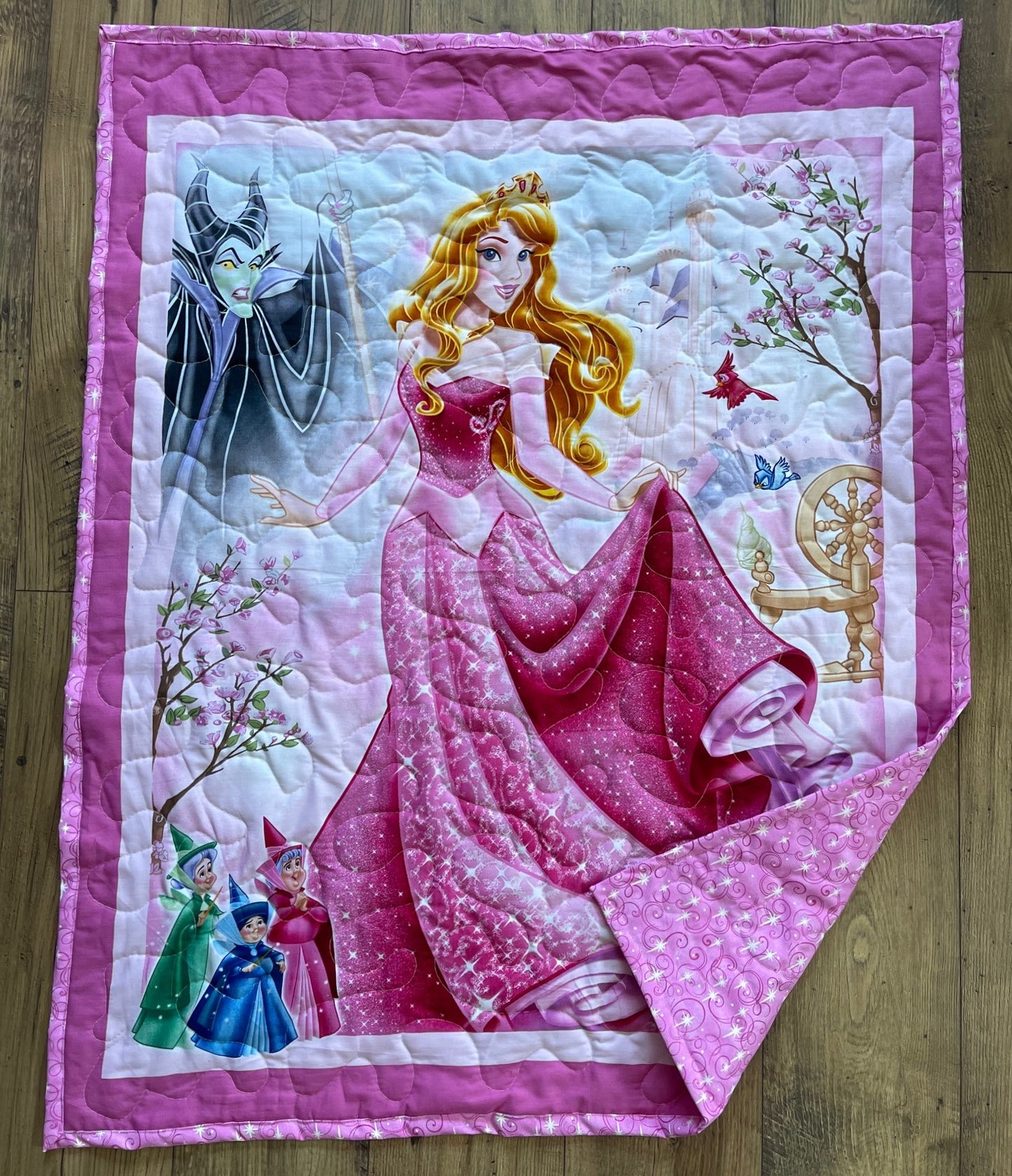 DISNEY CLASSIC AURORA SLEEPING BEAUTY with FAIRY GODMOTHERS & MALEFICENT Inspired 36"X44" Quilted Blanket