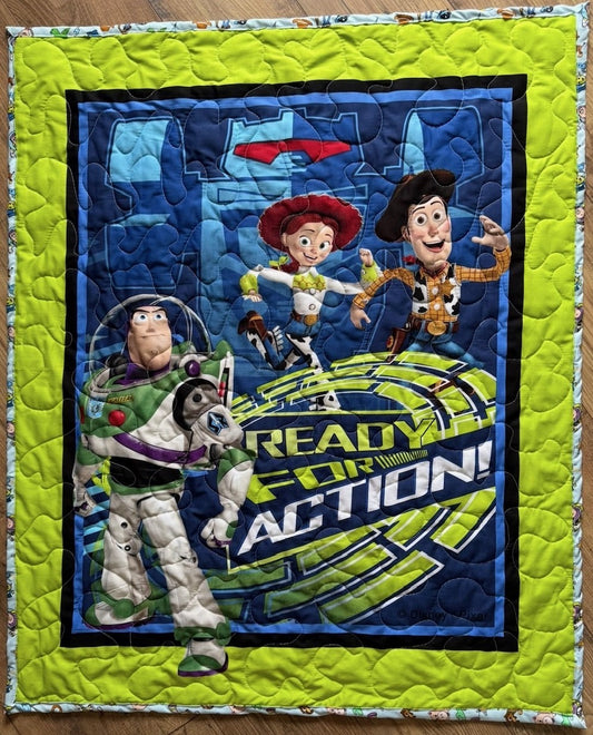 TOY STORY *READY FOR ACTION* SHERIFF WOODY, BUZZ LIGHTYEAR, JESSIE INSPIRED QUILTED BLANKET