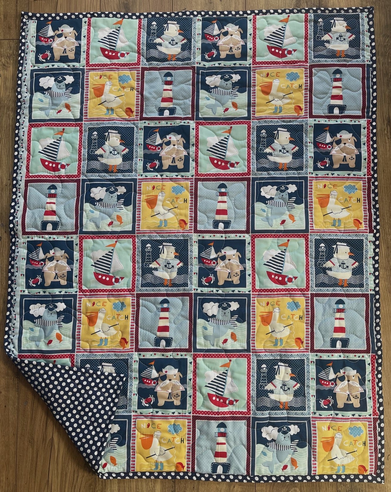 Nautical Block Nice Catch Primary Colors Quilted Blanket with Walrus, Lighthouse, Pelican, Sailboat