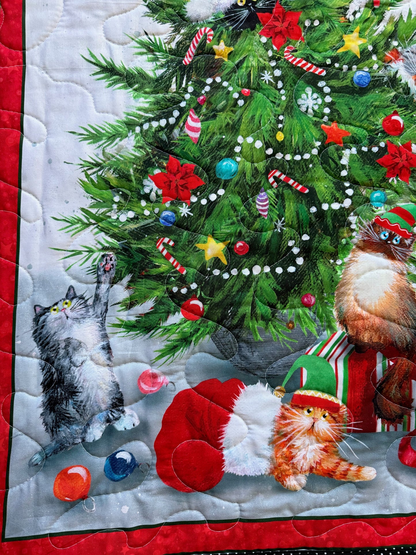 MEOWY CHRISTMAS CAT HAVING FUN IN THE CHRISTMAS TREE QUILTED BLANKET