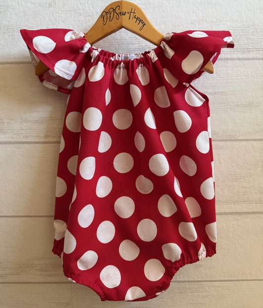 Infant & Toddler Girl's DISNEY INSPIRED MINNIE MOUSE RED WITH WHITE DOTS Boho Style One Piece Romper