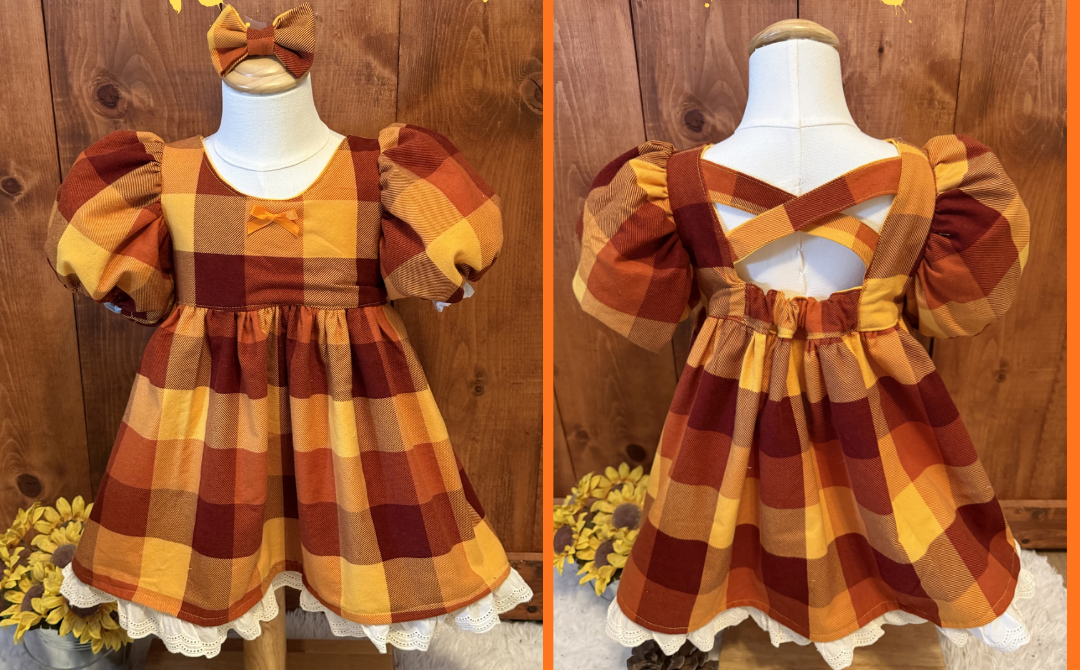 Girls and Toddlers AUTUMN FALL PLAIDS GOLD, ORANGE, RED SOFT FLANNEL Vintage Babydoll style dress with puff sleeves