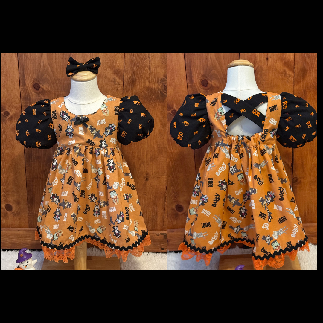 Girls and Toddlers BLUEY CHARACTERS HALLOWEEN BOO! Vintage Babydoll style dress with puff sleeves