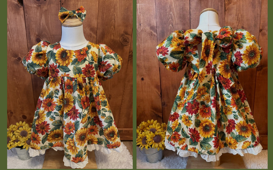 Girls and Toddlers SUNFLOWERS Vintage Babydoll style dress with puff sleeves, bow on the back