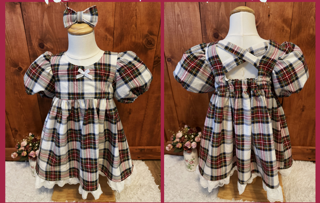 Girls and Toddlers PLAID WHITE BLACK RED SOFT FLANNEL Vintage Babydoll style dress with puff sleeves