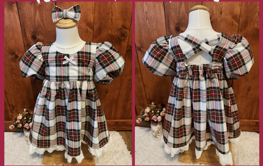 Girls and Toddlers PLAID WHITE BLACK RED SOFT FLANNEL Vintage Babydoll style dress with puff sleeves