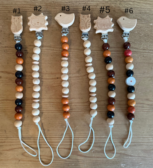 SALE Natural Wooden OWL, LION, BIRD INSPIRED Beaded Pacifier Clips Teether Toy Leash