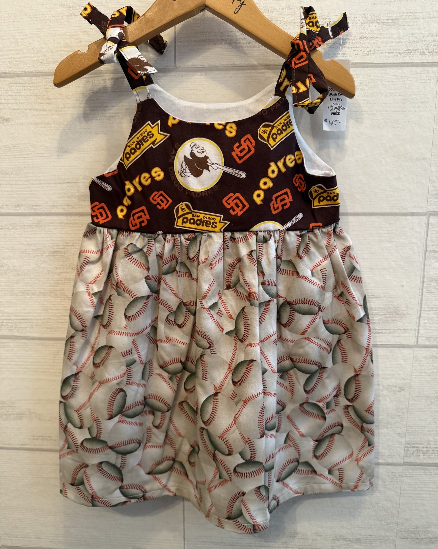 Girls and Toddlers SAN DIEGO PADRES FABRIC WITH BASEBALLS Boho Style Sundress with Shoulder Ties