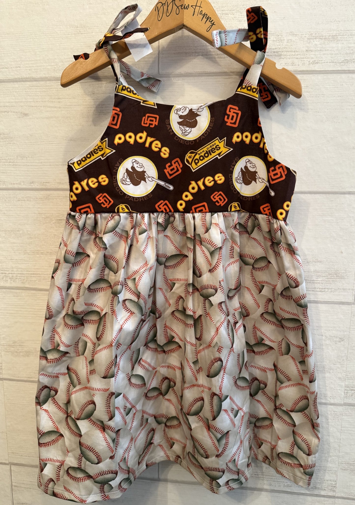 Girls and Toddlers SAN DIEGO PADRES FABRIC WITH BASEBALLS Boho Style Sundress with Shoulder Ties