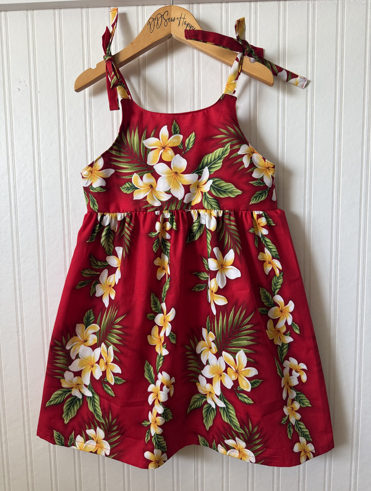 Girls and Toddlers BEAUTIFUL HAWAIIAN PLUMERIA FLORAL RED Sundress with Shoulder Ties