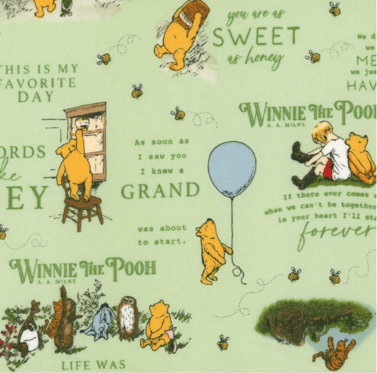 Girls, Infant and Toddlers CLASSIC WINNIE THE POOH BOOK QUOTES Green Boho Style Sundress with Shoulder Ties