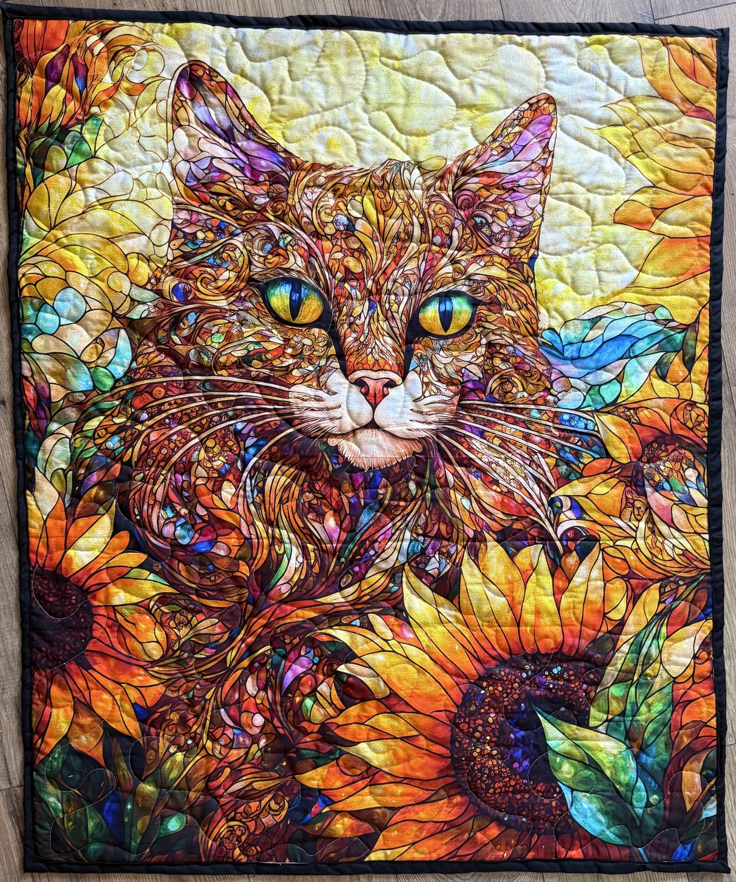 BEAUTIFUL STAINED GLASS CAT IN SUNFLOWER GARDEN QUILTED BLANKET 
