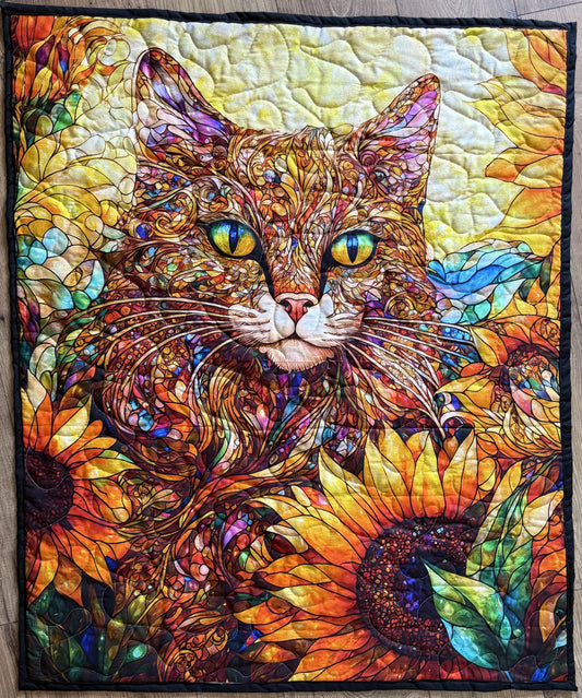 BEAUTIFUL STAINED GLASS CAT IN SUNFLOWER GARDEN QUILTED BLANKET 