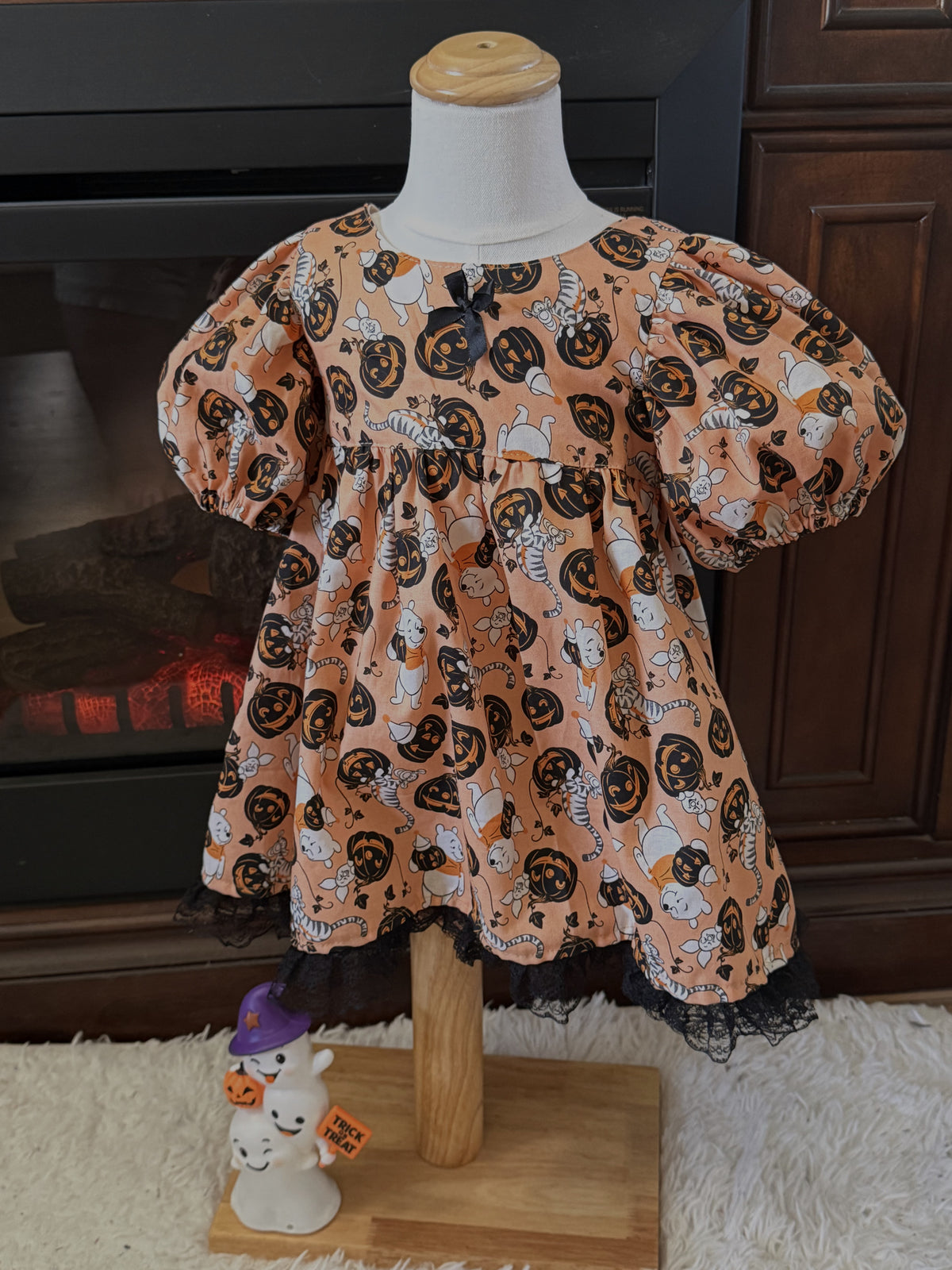 Girls and Toddlers Halloween Winnie the Pooh, Piglet & Tigger Vintage Babydoll style dress with puff sleeves, bow on the back