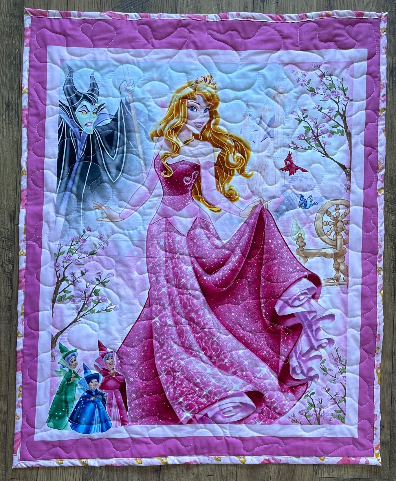 DISNEY CLASSIC SLEEPING BEAUTY PRINCESS AURORA, BRIAR ROSE with FAIRY GODMOTHERS & MALEFICENT Inspired Quilted Blanket