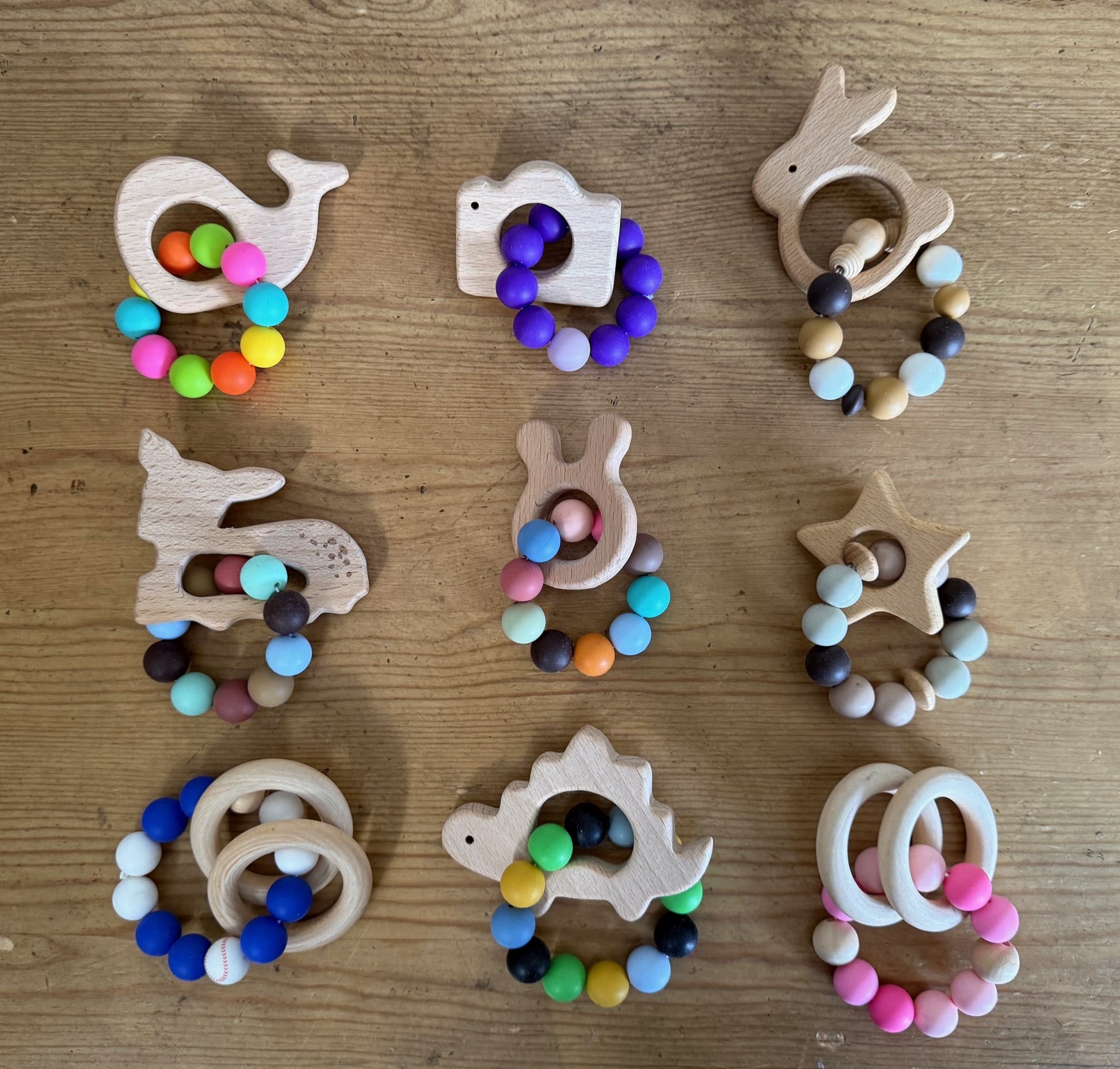 SALE Baby Natural Wood Teethers Sensory Toys Whale, Camera, Bunny, Deer, Star, Dinosaur