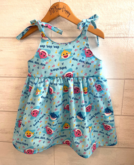 Girls and Toddlers BABY SHARK CARTOON BLUE Boho Style Sundress with Shoulder Ties