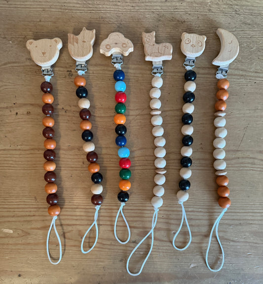 Wood Beaded BEAR, FOX, CAR, DEER, PANDA, HALF MOON Pacifier Clips Teether Toy Leash