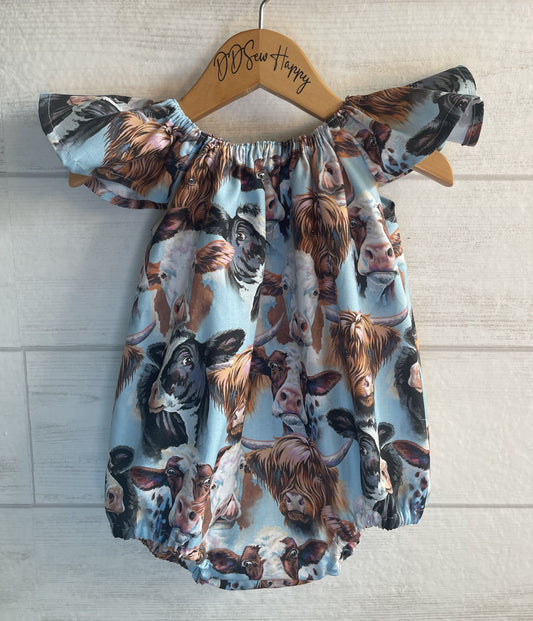 Infant & Toddler Girl's Boho HIGHLAND COW COUNTRY Style One Piece Romper Sunsuit