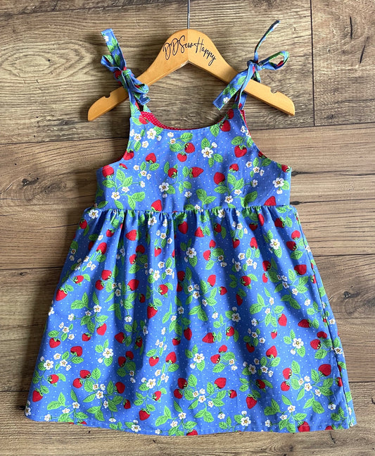 Girls and Toddlers STRAWBERRY ON BLUE Boho Style Sundress with Shoulder Ties