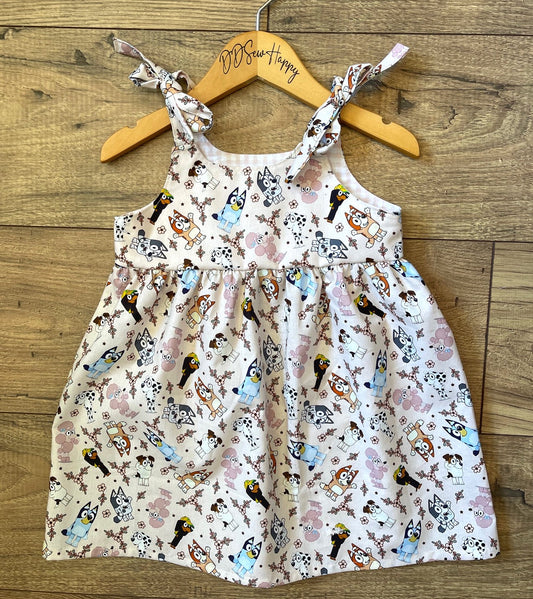 Girls and Toddlers BLUEY CARTOON CHARACTERS FLORAL Boho Style Sundress with Shoulder Ties
