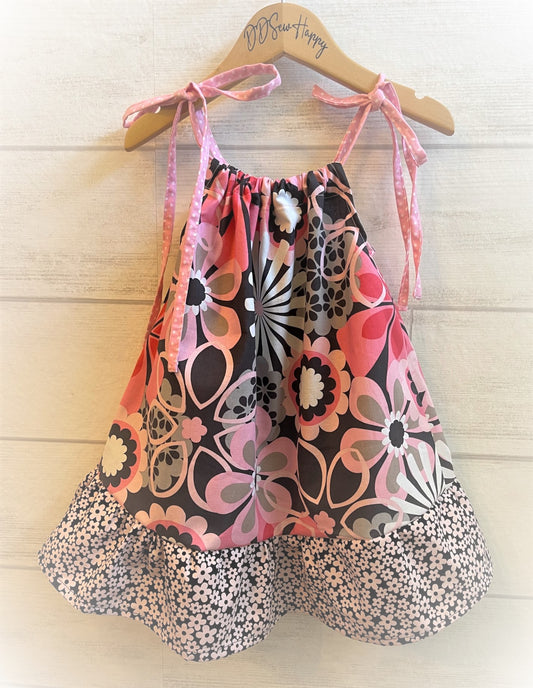 Girls Infant Toddler BOHO GRAY PINK FLORAL Sundress Pillowcase Style with bottom ruffle