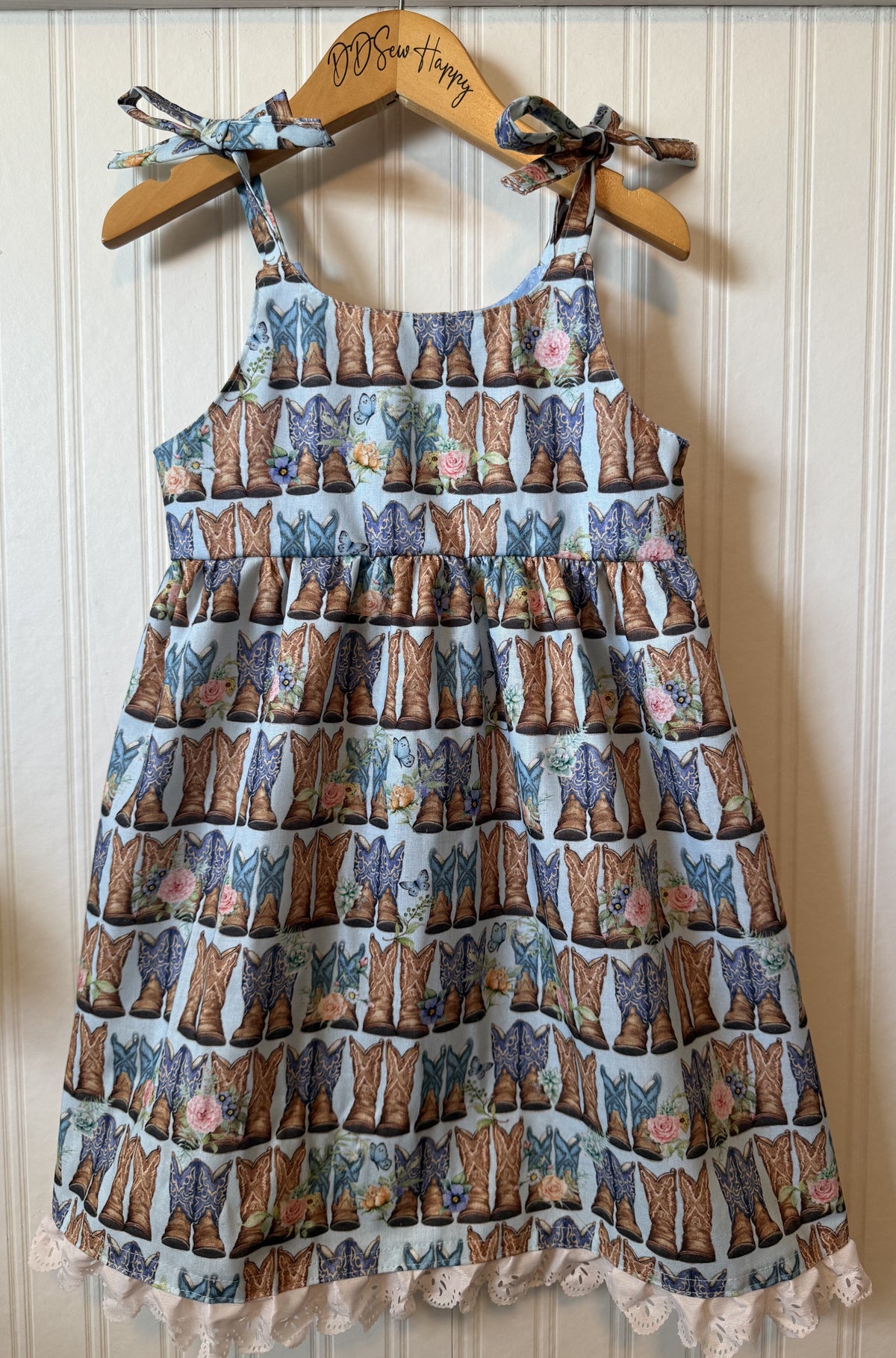 Girls and Toddlers COWGIRL BOOTS & BUTTERFIES Boho Style Sundress with Shoulder Ties